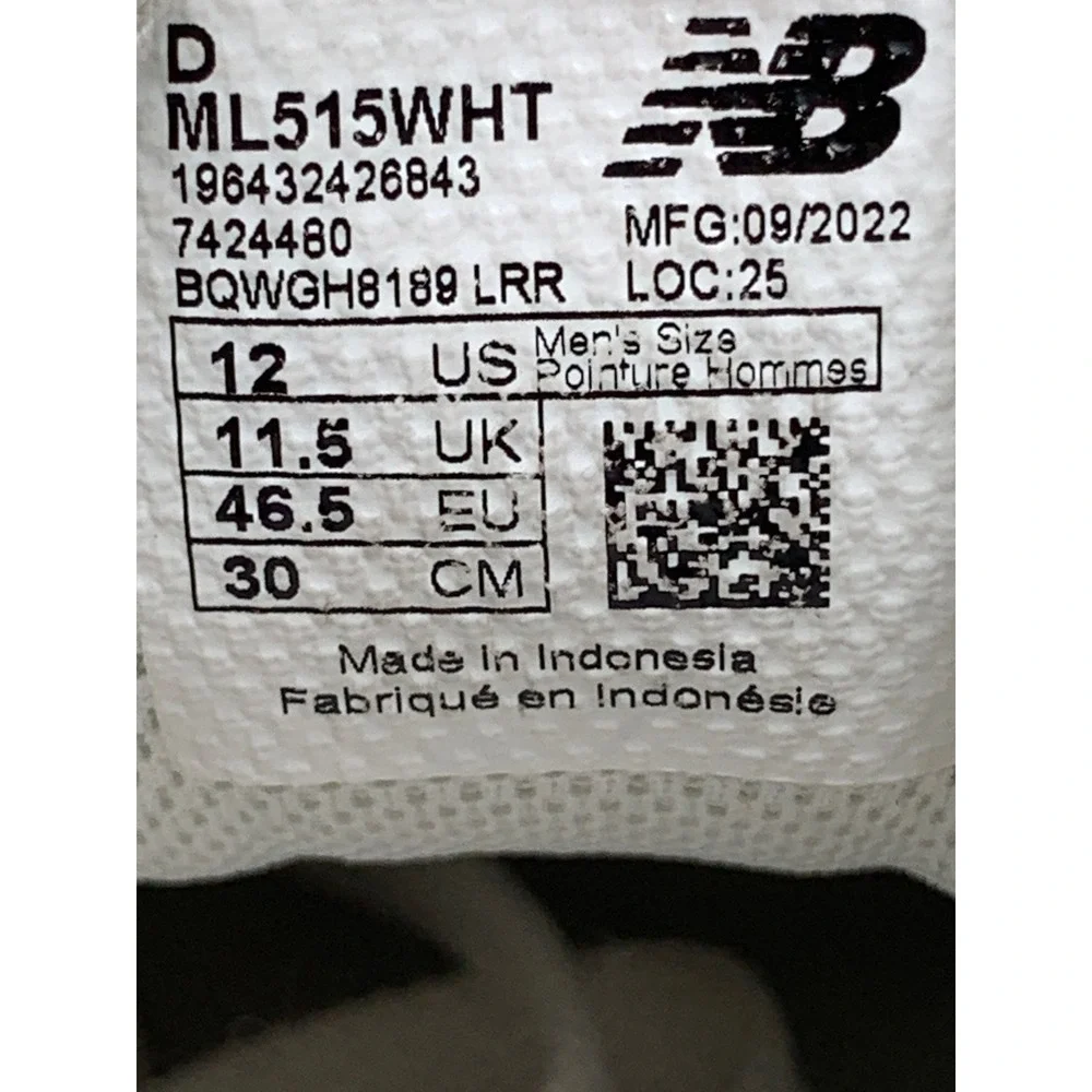 New Balance 515 White Gray Lifestyle Running Shoes ML515WHT Men's Sz 12